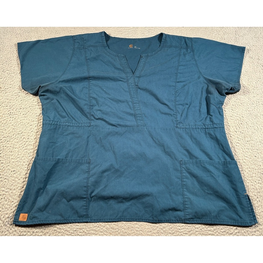 Carhartt Med Scrub Top Womens 3XL Solid Blue-Green 2 Pocket Nursing Short Sleeve